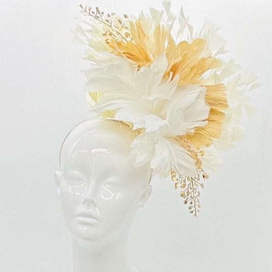 White, beige and gold Kentucky Derby Fascinator, neutral derby hat, (GOLD LINE)