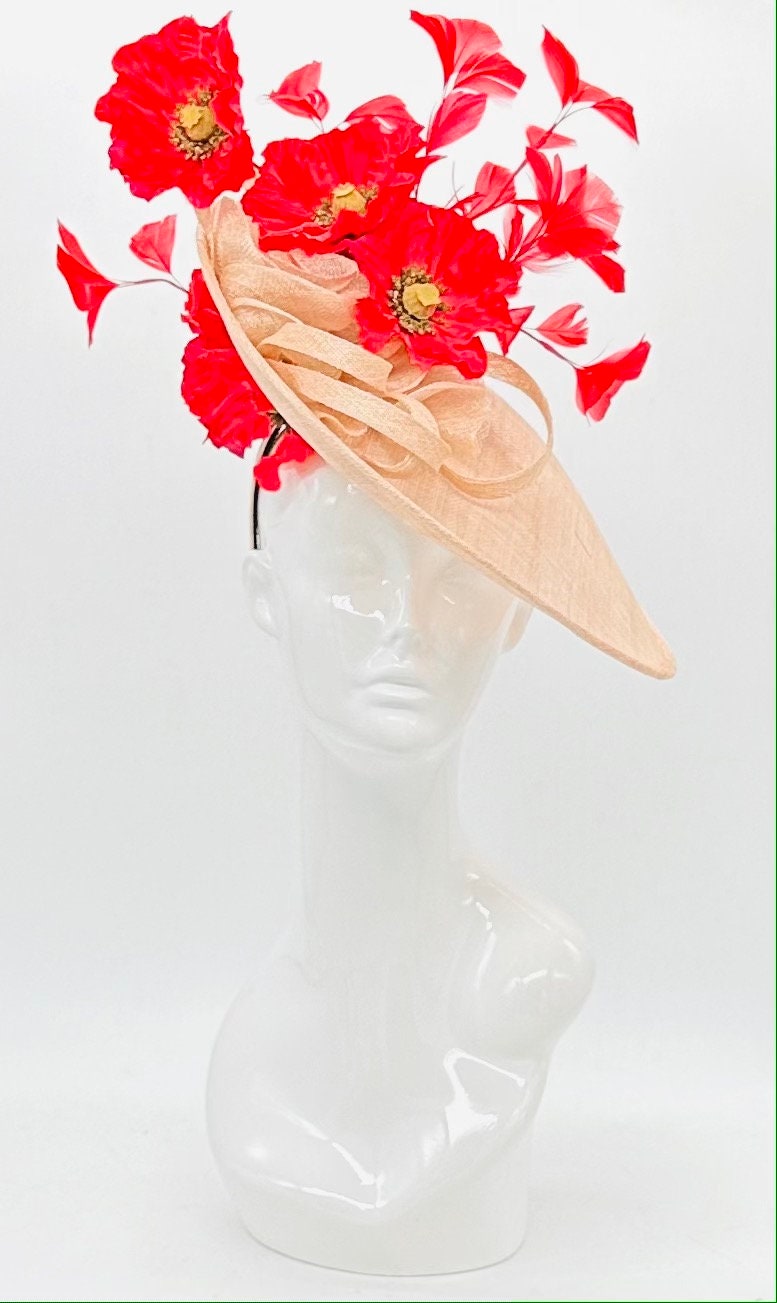 Red and beige Kentucky Derby fascinator, Derby Hat Alternative (GOLD LINE)