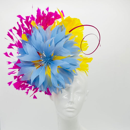 Pink, blue, and yellow Kentucky Derby fascinator, Derby Hat Alternative,(GOLD LINE)