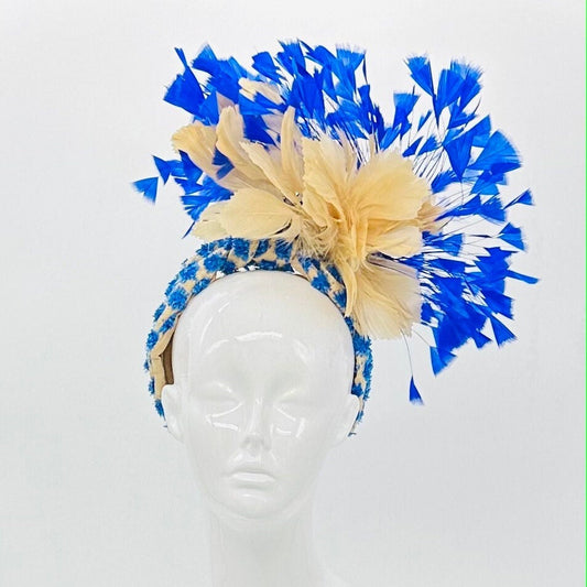 Blue and beige Kentucky Derby fascinator, Derby Hat Alternative, (GOLD LINE)