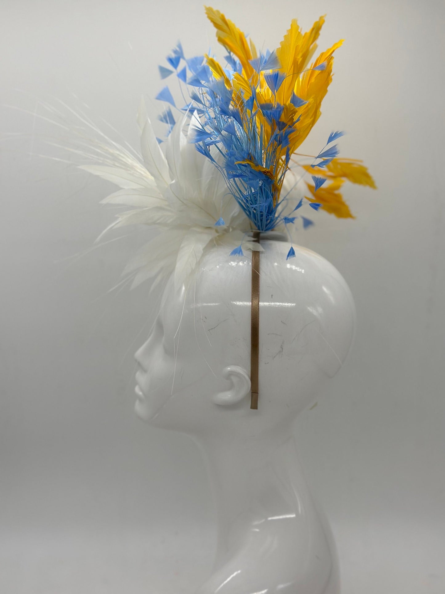 Gold yellow, blue and white Kentucky Derby fascinator, Derby Hat Alternative (GOLD LINE)