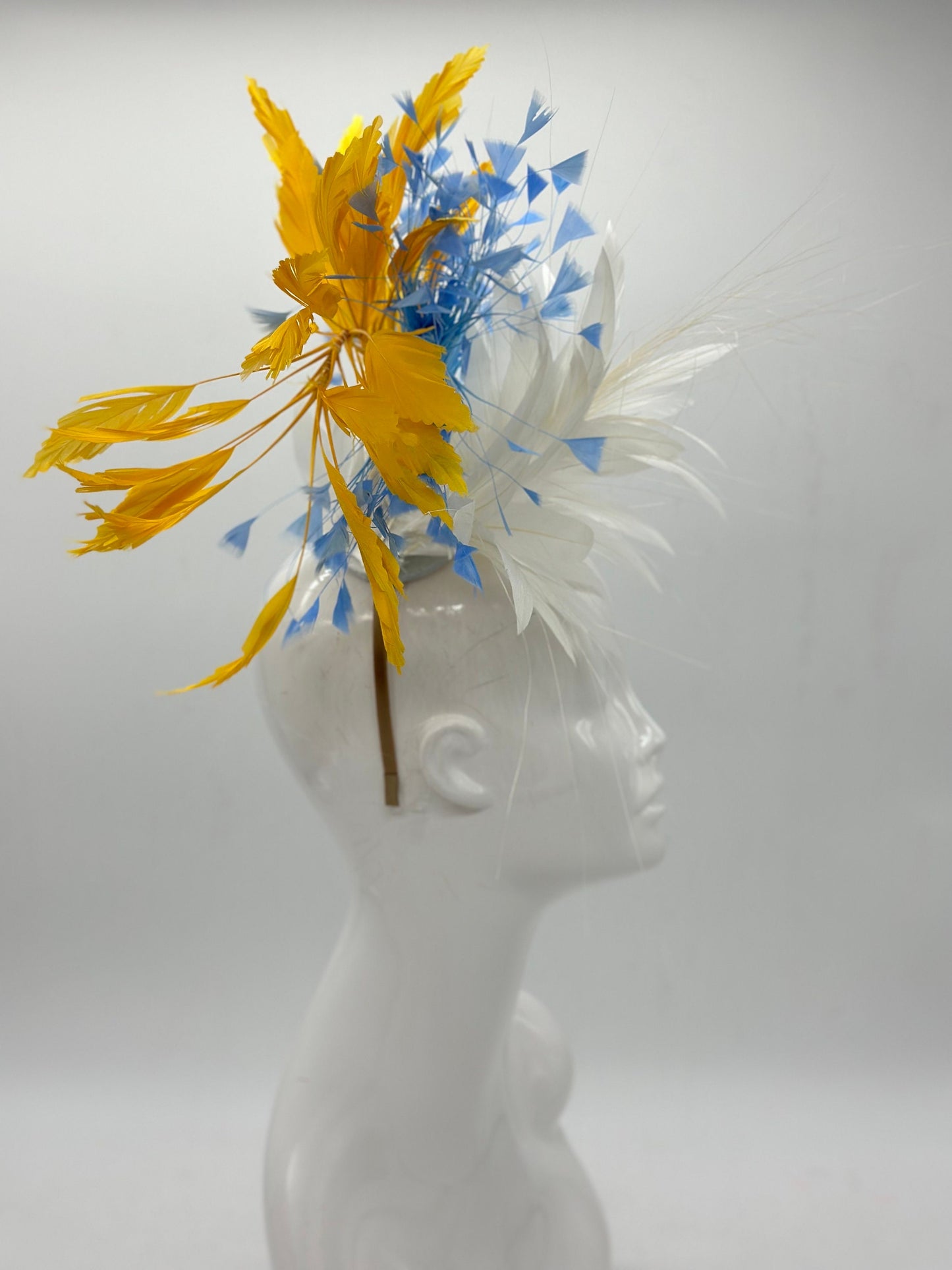 Gold yellow, blue and white Kentucky Derby fascinator, Derby Hat Alternative (GOLD LINE)