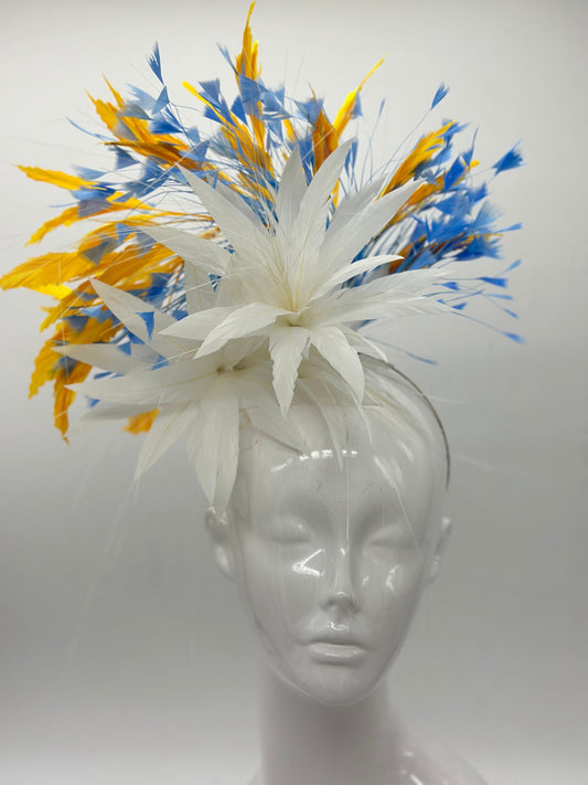 Gold yellow, blue and white Kentucky Derby fascinator, Derby Hat Alternative (GOLD LINE)