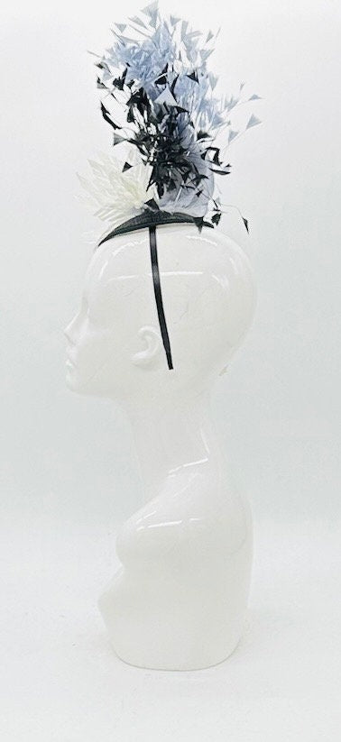 Black, gray, and white feather Derby Fascinator, Kentucky Derby Hat Alternative, Kentucky derby hat (GOLD LINE)