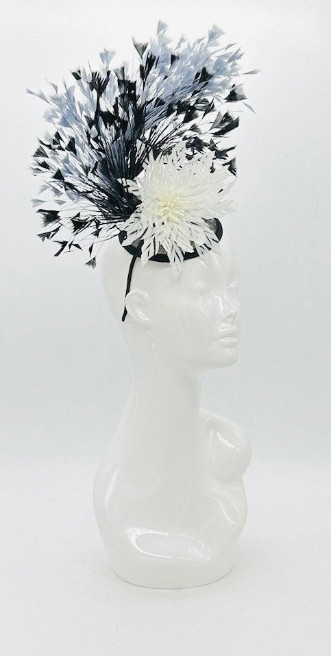 Black, gray, and white feather Derby Fascinator, Kentucky Derby Hat Alternative, Kentucky derby hat (GOLD LINE)