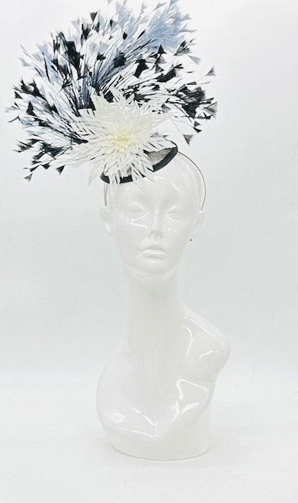 Black, gray, and white feather Derby Fascinator, Kentucky Derby Hat Alternative, Kentucky derby hat (GOLD LINE)