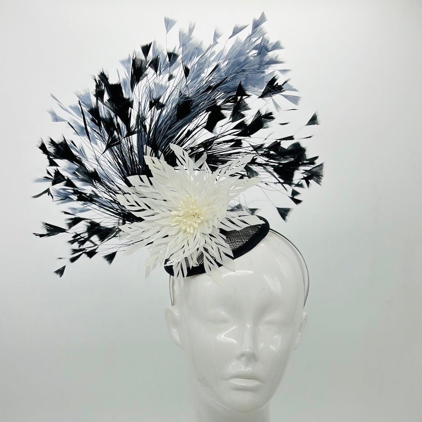 Black, gray, and white feather Derby Fascinator, Kentucky Derby Hat Alternative, Kentucky derby hat (GOLD LINE)