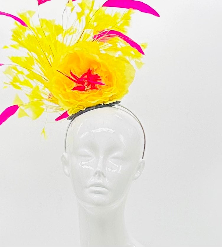 Yellow and pink Kentucky Derby Fascinator, Derby Hat (GOLD LINE)