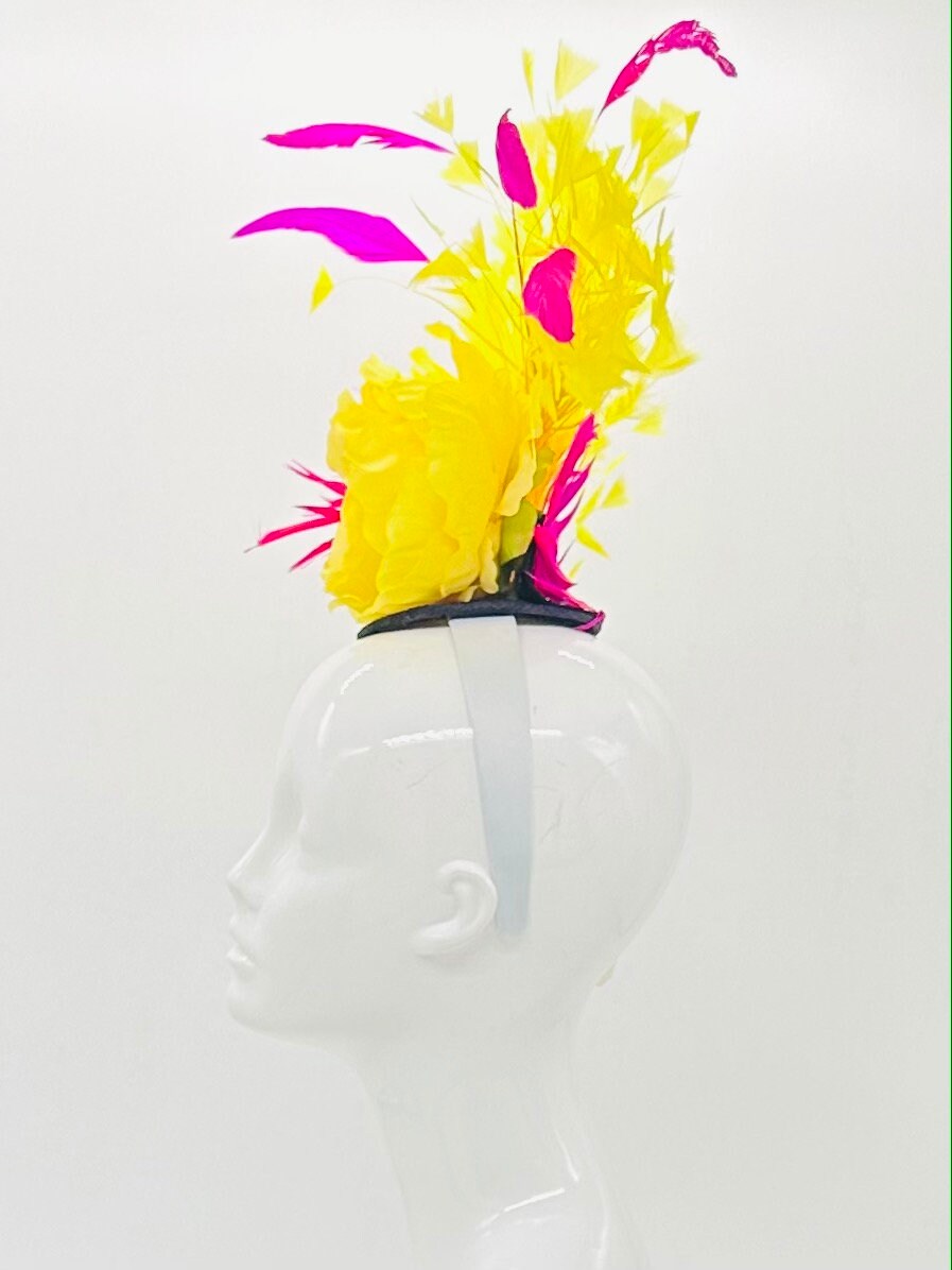 Yellow and pink Kentucky Derby Fascinator, Derby Hat (GOLD LINE)