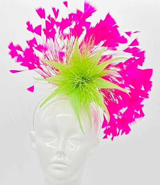 Hot pink and lime green Kentucky Derby Fascinator, (GOLD LINE)