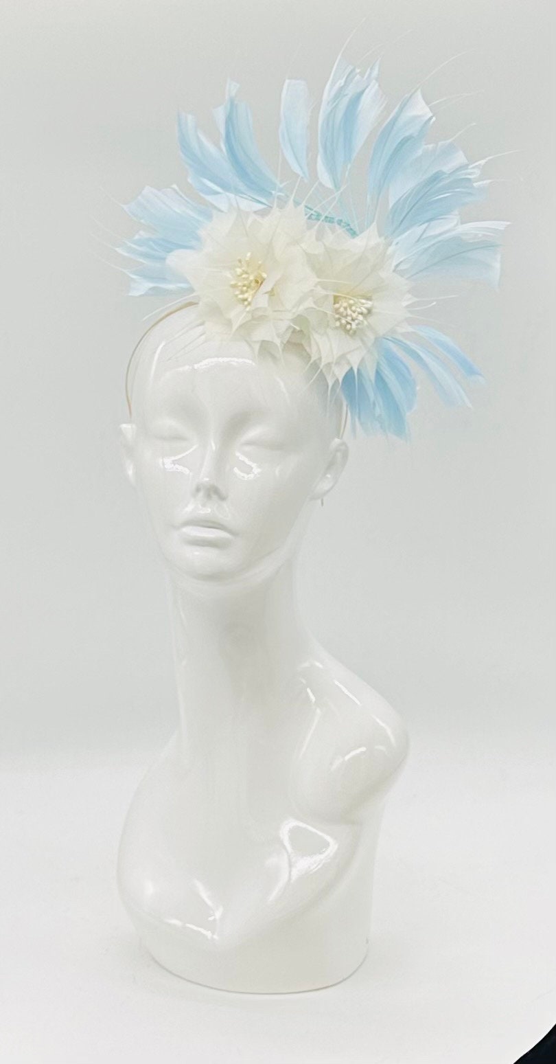 Baby blue and white feather Derby Fascinator, Kentucky Derby Hat Alternative, Kentucky derby hat (GOLD LINE)