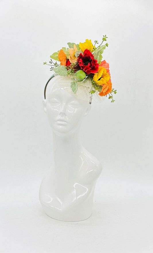 Red, orange, yellow, green Kentucky Derby Fascinator, Derby hat (GOLD LINE)