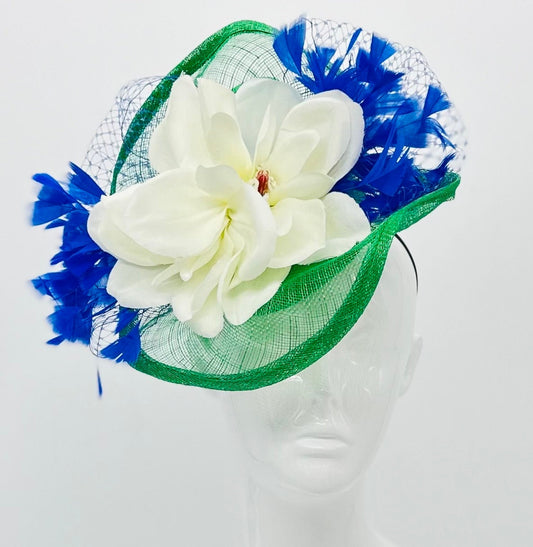 White, green, and blue Derby Fascinator, Kentucky Derby Hat Alternative, Kentucky derby hat (GOLD LINE)