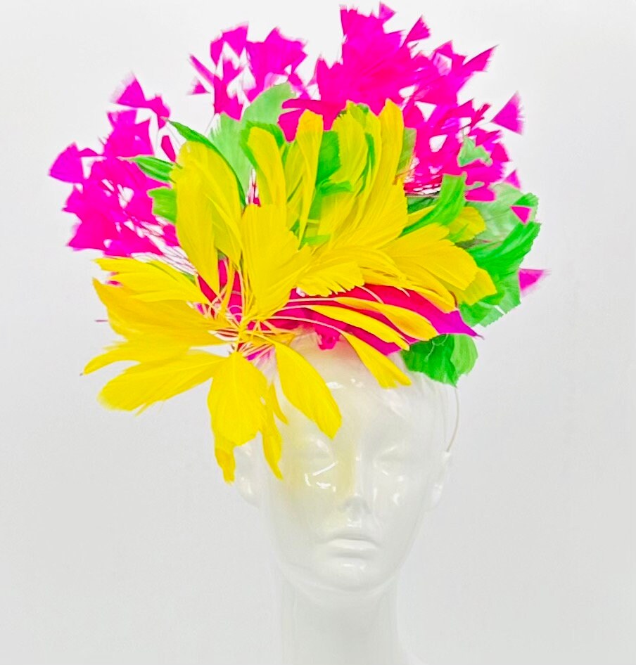 Yellow, pink, and green Kentucky Derby Fascinator, Derby hat (GOLD LINE)