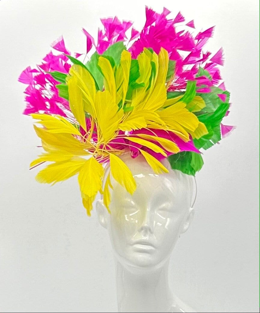 Yellow, pink, and green Kentucky Derby Fascinator, Derby hat (GOLD LINE)