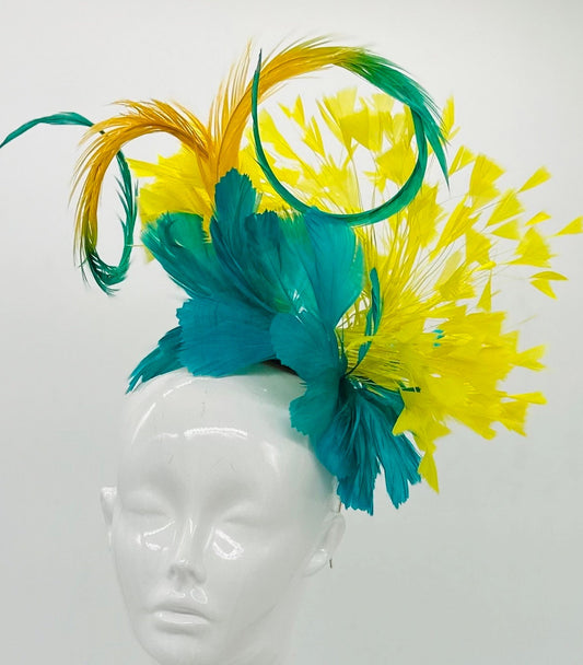 Turquoise and yellow Derby Fascinator, Kentucky Derby Hat Alternative, Kentucky derby hat (GOLD LINE)