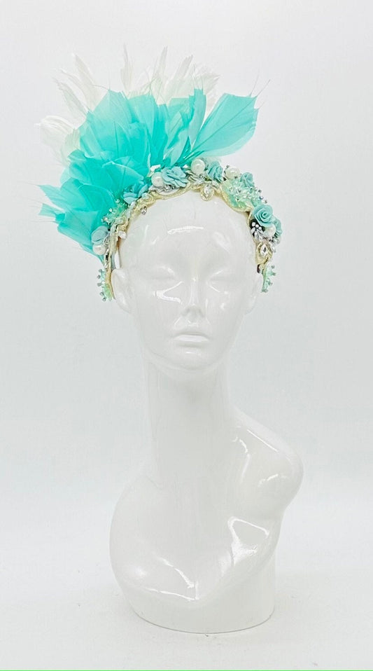 Turquoise and white jeweled Kentucky Derby Fascinator, derby hat (GOLD LINE)