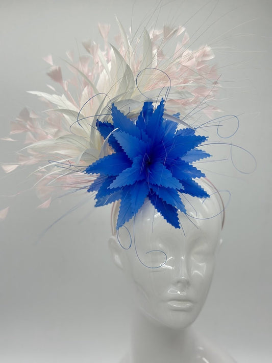 Blue, pink and white Kentucky Derby fascinator, Derby Hat Alternative, (GOLD LINE)