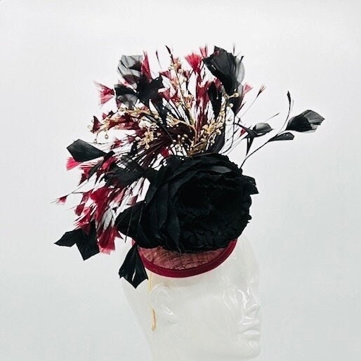 Black, red and gold Kentucky Derby fascinator, Derby Hat Alternative (GOLD LINE)