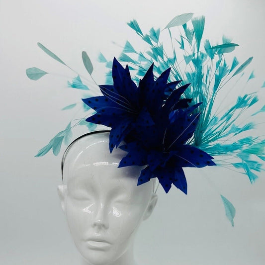 Royal and turquoise blue Kentucky Derby Fascinator, derby hat Kentucky Derby Hat Alternative, Floral Fascinator (GOLD LINE)