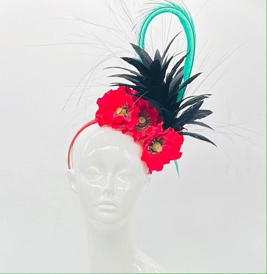 Red, black and teal green Kentucky Derby Fascinator (GOLD LINE)