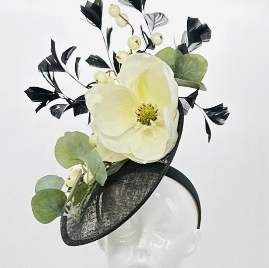 Black and white magnolia Kentucky Derby Fascinator, Derby hat (GOLD LINE)