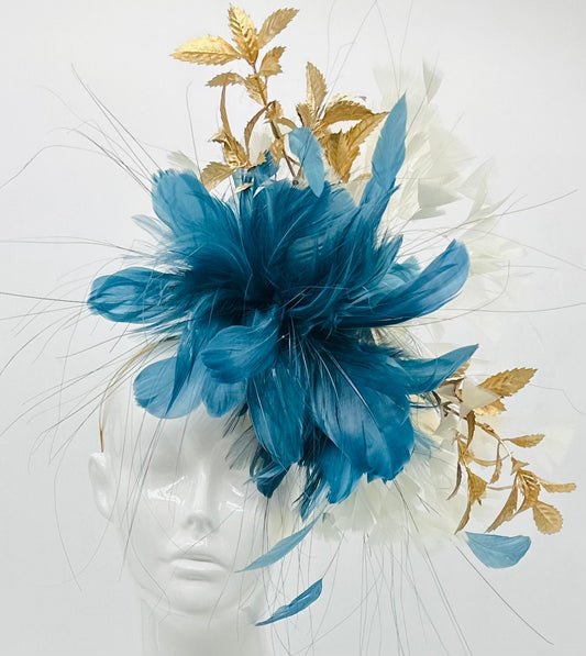 Teal blue, gold, and white Kentucky Derby fascinator, Derby Hat Alternative, (GOLD LINE)