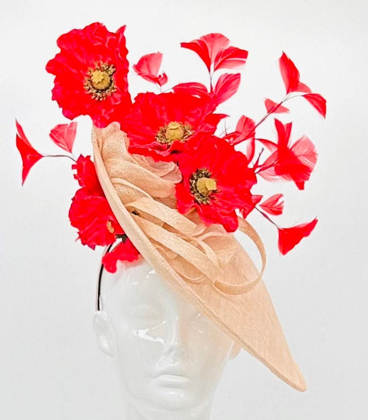 Red and beige Kentucky Derby fascinator, Derby Hat Alternative (GOLD LINE)