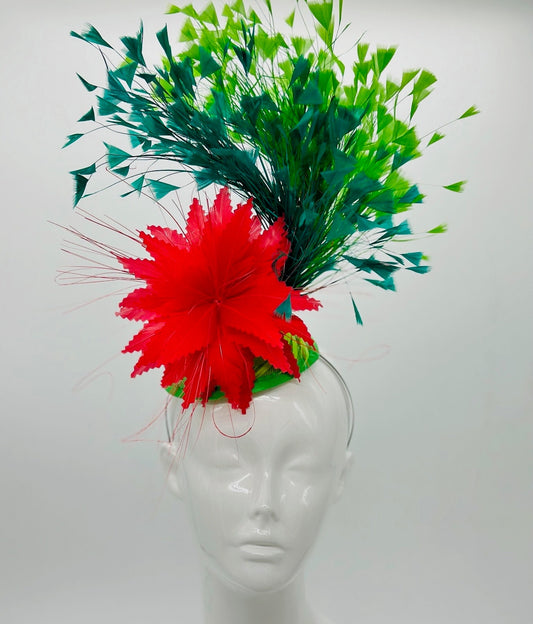 Green, teal and blood orange coral Kentucky Derby Fascinator, Kentucky Derby Hat Alternative, Kentucky derby hat (GOLD LINE)