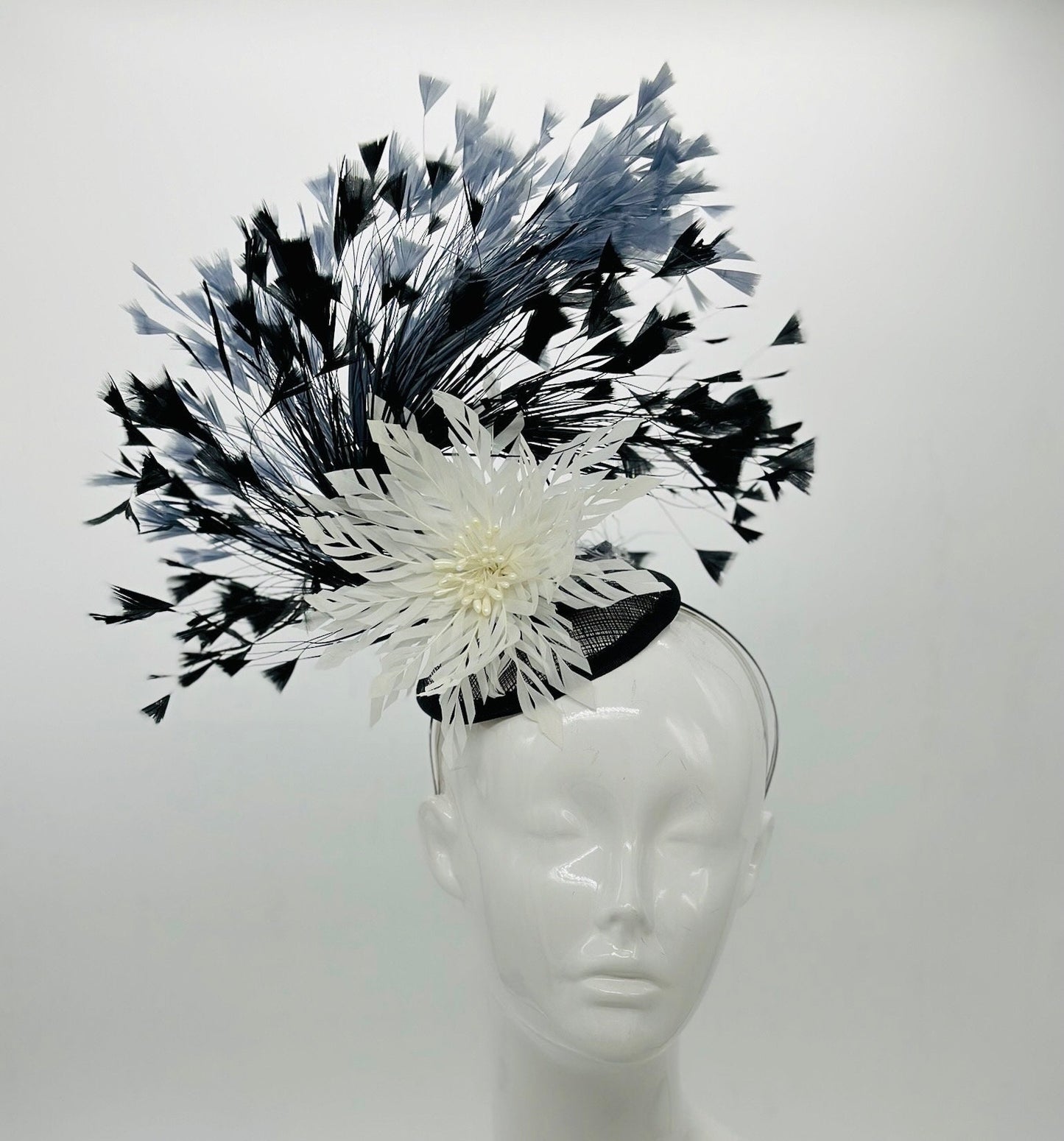 Black, gray, and white feather Derby Fascinator, Kentucky Derby Hat Alternative, Kentucky derby hat (GOLD LINE)