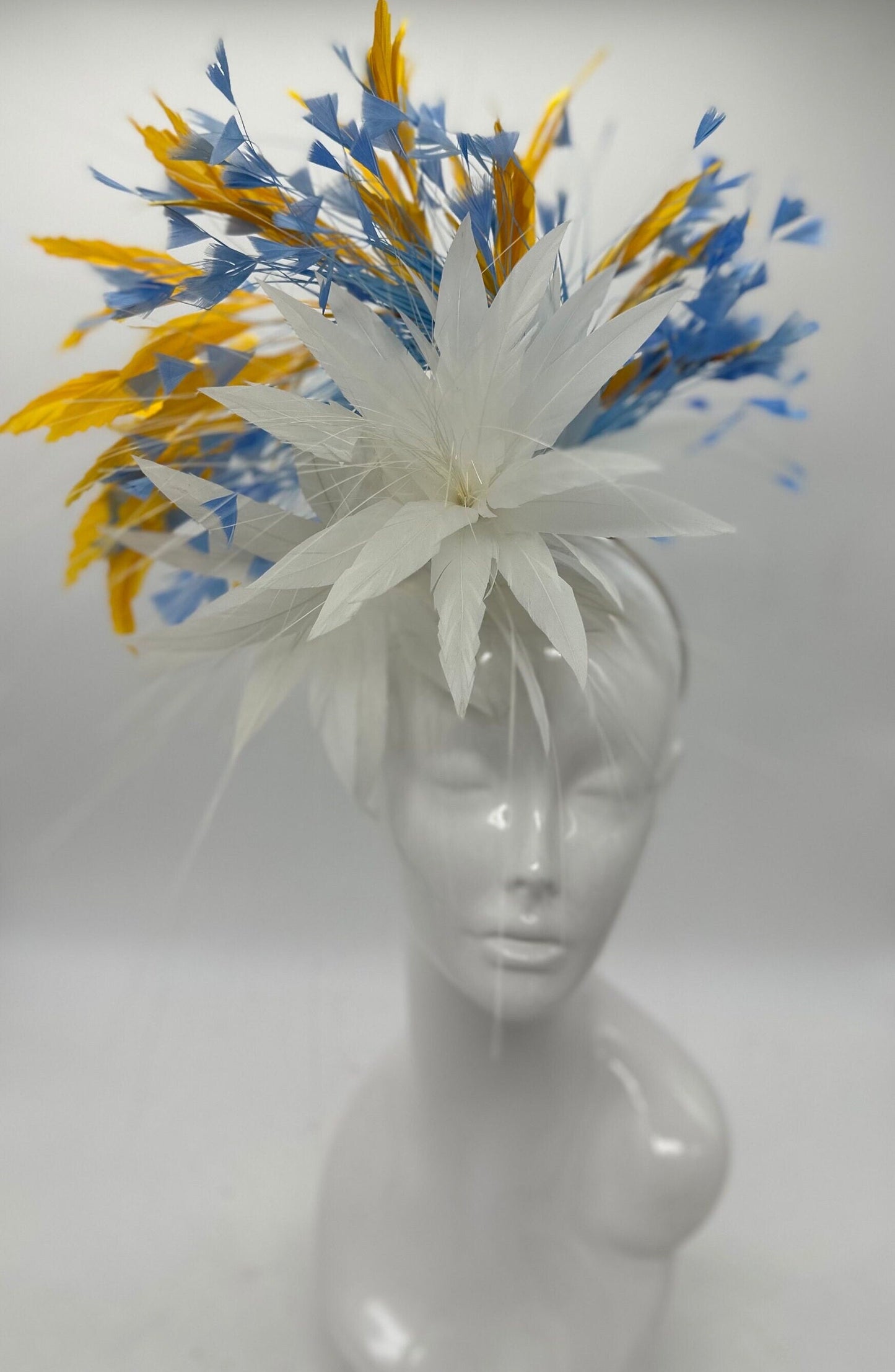 Gold yellow, blue and white Kentucky Derby fascinator, Derby Hat Alternative (GOLD LINE)