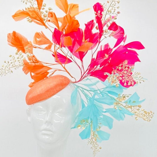 Hot Pink and Orange Kentucky Derby fascinator, Derby Hat Alternative (PLATINUM LINE)