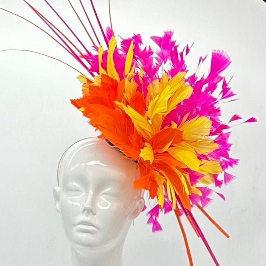 Hot Pink and Orange Kentucky Derby fascinator, Derby Hat Alternative, (PLATINUM LINE)