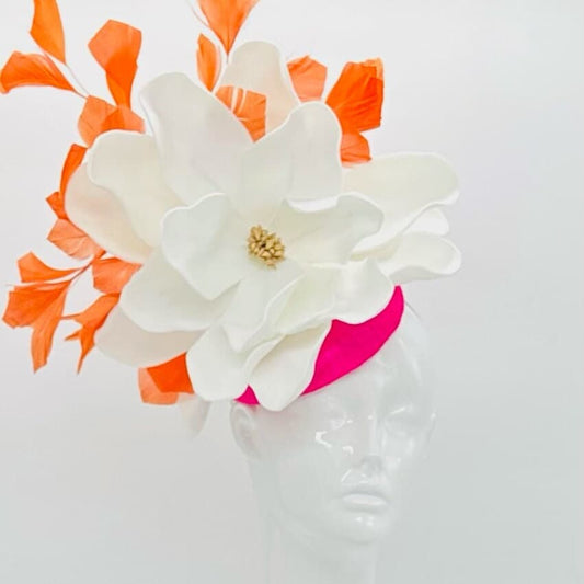 White, orange and hot pink Derby Fascinator, Kentucky Derby Hat Alternative, Kentucky derby hat (GOLD LINE)