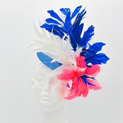 Blue, neon pink, and white Kentucky Derby fascinator, Derby Hat Alternative (GOLD LINE)