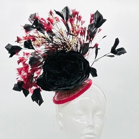 Black, red and gold Kentucky Derby fascinator, Derby Hat Alternative (GOLD LINE)