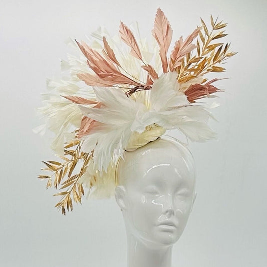 White, Gold and Blush  Derby Fascinator, Kentucky Derby Hat Alternative, Kentucky derby hat (GOLD LINE)