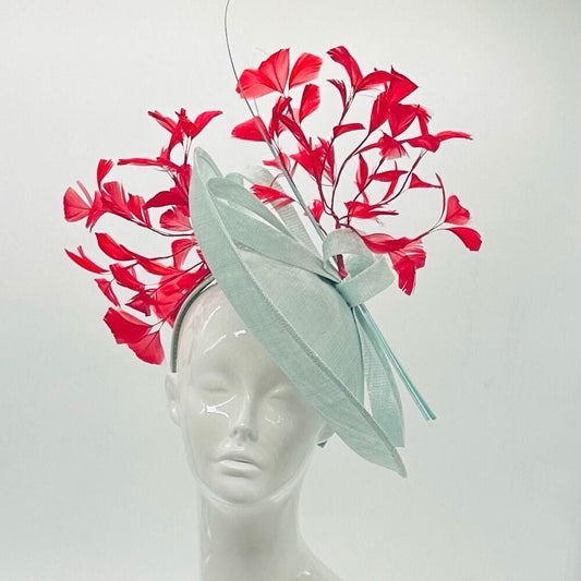 Turquoise and Red Derby Fascinator, Kentucky Derby Hat Alternative, Kentucky derby hat, (PLATINUM LINE)