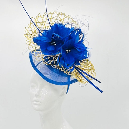 Royal blue & Gold  Kentucky Derby fascinator, Derby Hat Alternative, (PLATINUM LINE)