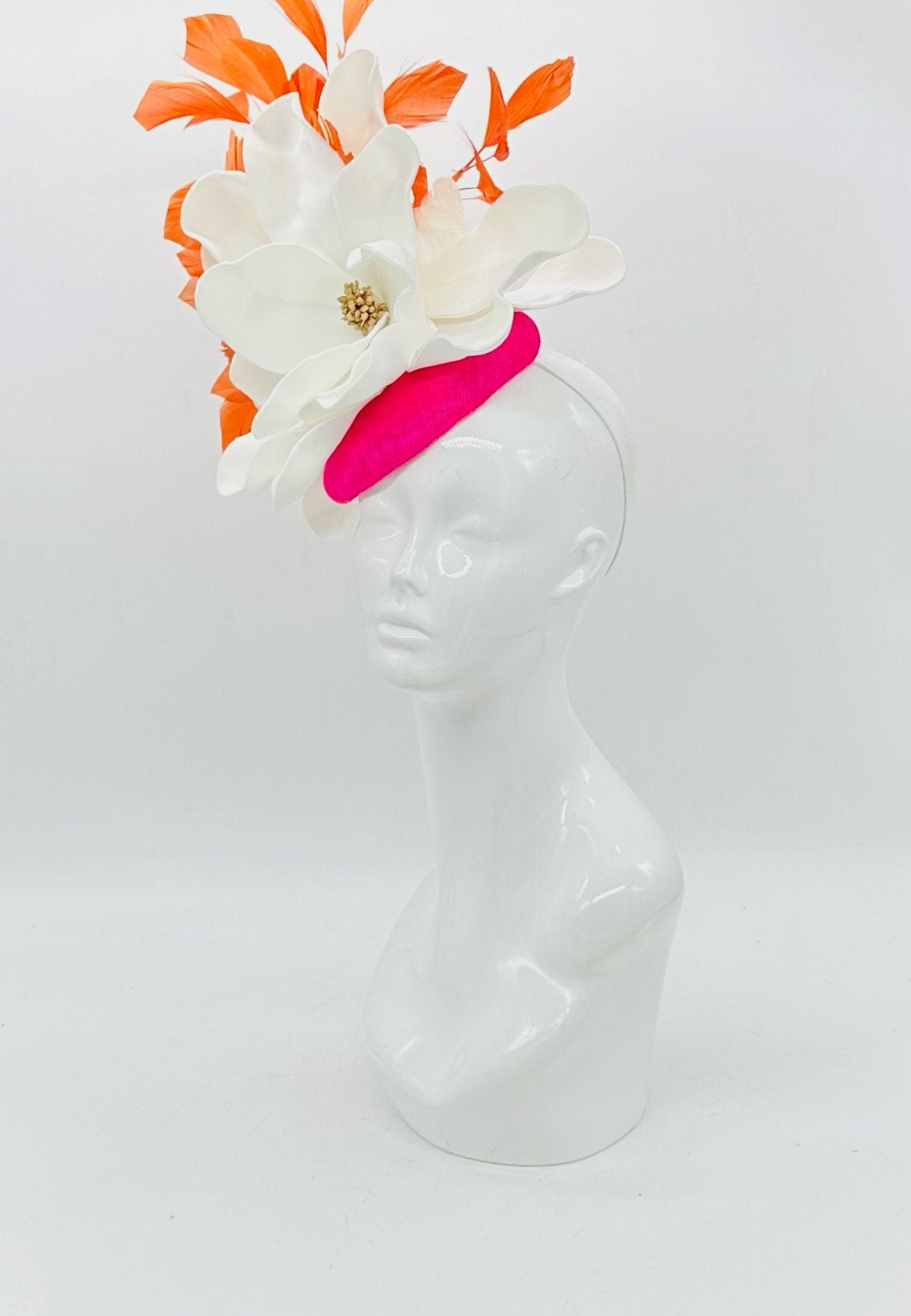 White, orange and hot pink Derby Fascinator, Kentucky Derby Hat Alternative, Kentucky derby hat (GOLD LINE)