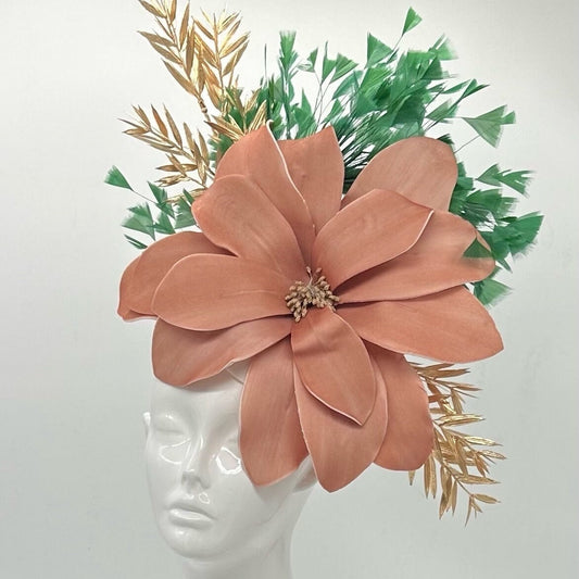 Terracotta Orange and Lush Green Fascinator, Kentucky Derby Hat Alternative, Kentucky derby hat, (GOLD LINE)