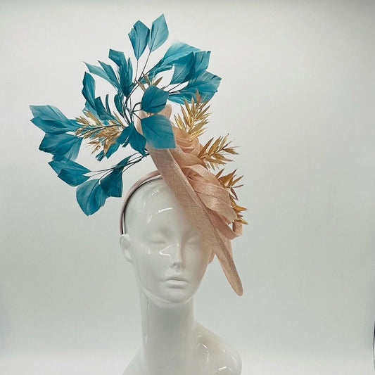 Teal and Beige Derby Fascinator, Kentucky Derby Hat Alternative, Kentucky derby hat, (GOLD LINE)