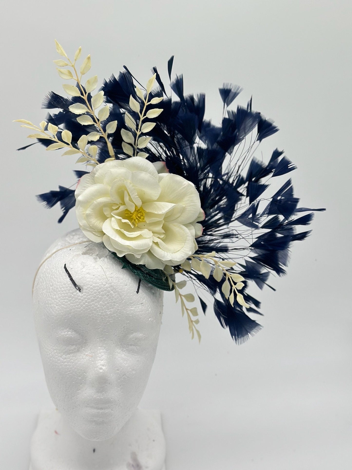 Cream and Dark Blue Derby Fascinator, Kentucky Derby Hat Alternative, Kentucky derby hat, (GOLD LINE)