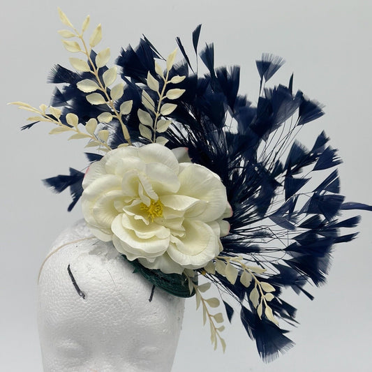 Cream and Dark Blue Derby Fascinator, Kentucky Derby Hat Alternative, Kentucky derby hat, (GOLD LINE)