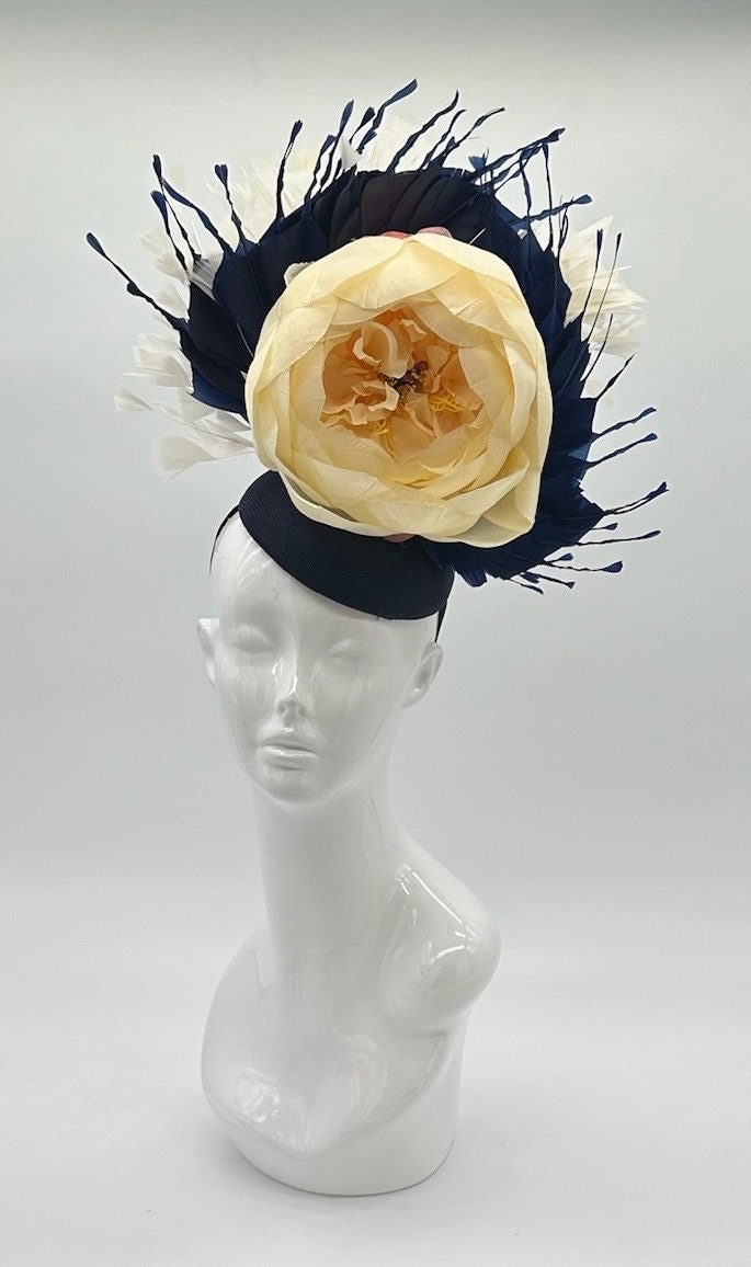 Beige and Dark Blue Derby Fascinator, Kentucky Derby Hat Alternative, Kentucky derby hat (GOLD LINE)