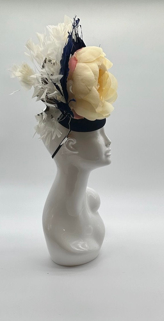 Beige and Dark Blue Derby Fascinator, Kentucky Derby Hat Alternative, Kentucky derby hat (GOLD LINE)