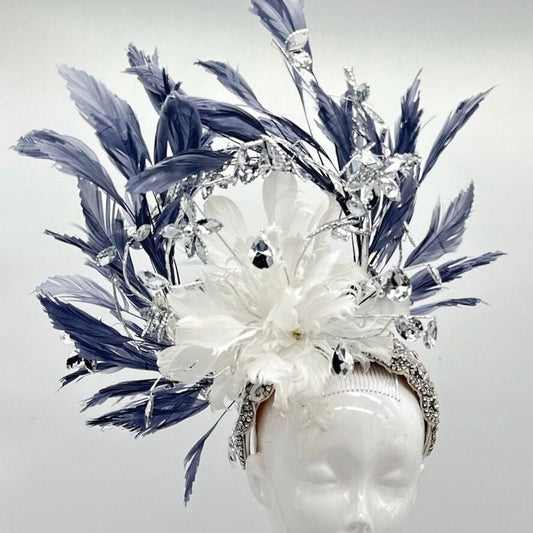 Blue, White and Silver Derby Fascinator, Kentucky Derby Hat Alternative, Kentucky derby hat, (PLATINUM LINE)