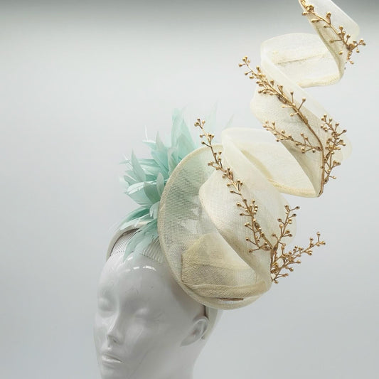 Cream, Gold and Aqua Derby Fascinator, Kentucky Derby Hat Alternative, Kentucky derby hat (PLATINUM LINE)