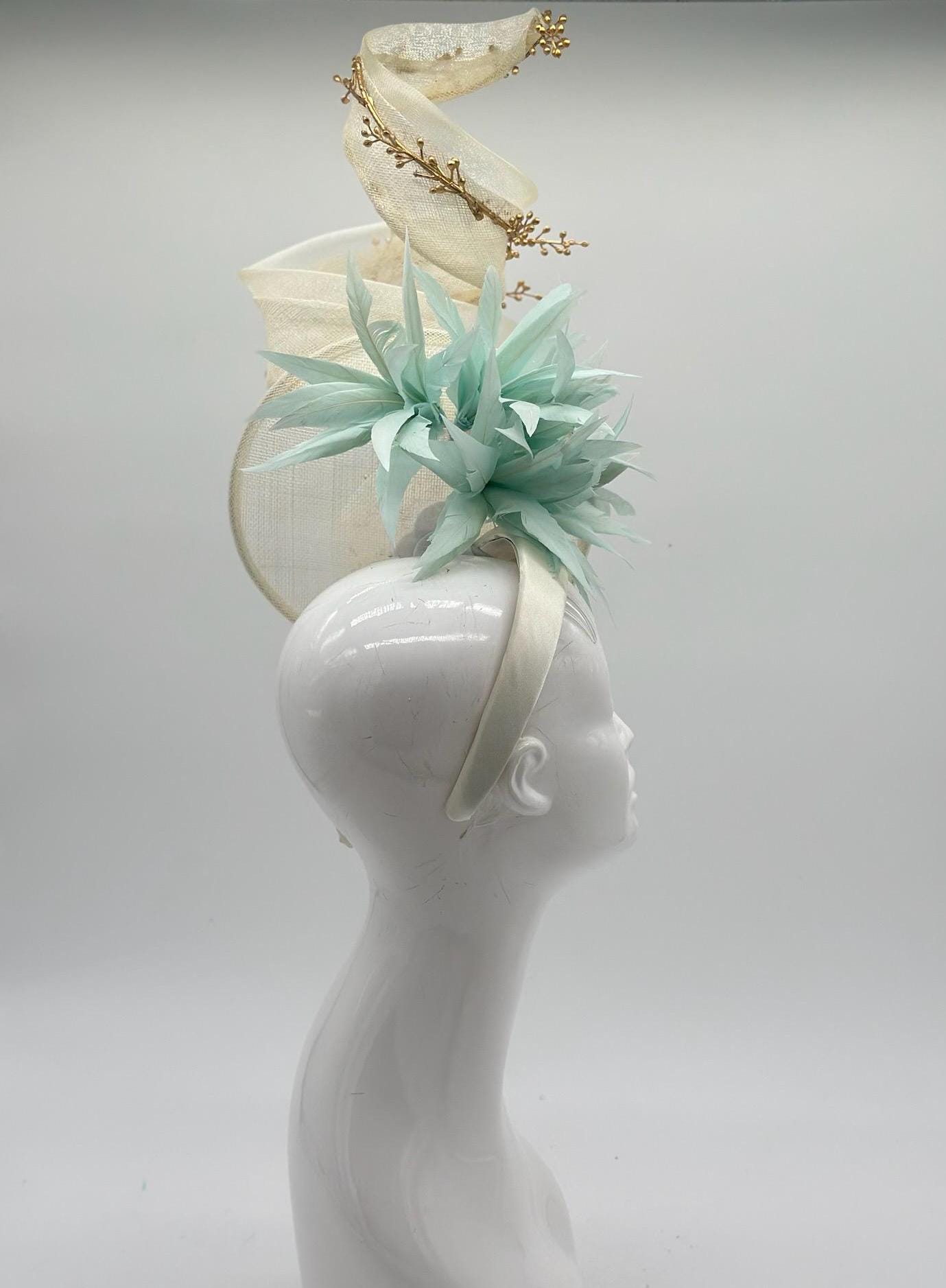 Cream, Gold and Aqua Derby Fascinator, Kentucky Derby Hat Alternative, Kentucky derby hat (PLATINUM LINE)