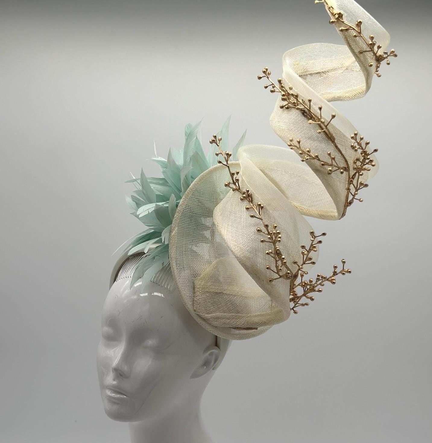 Cream, Gold and Aqua Derby Fascinator, Kentucky Derby Hat Alternative, Kentucky derby hat (PLATINUM LINE)